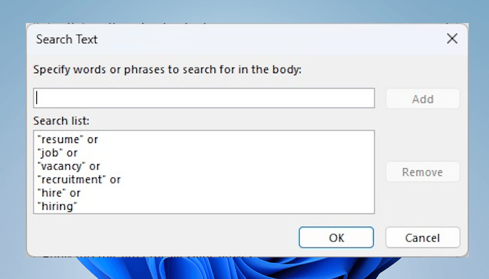 define specific words for rule in Outlook