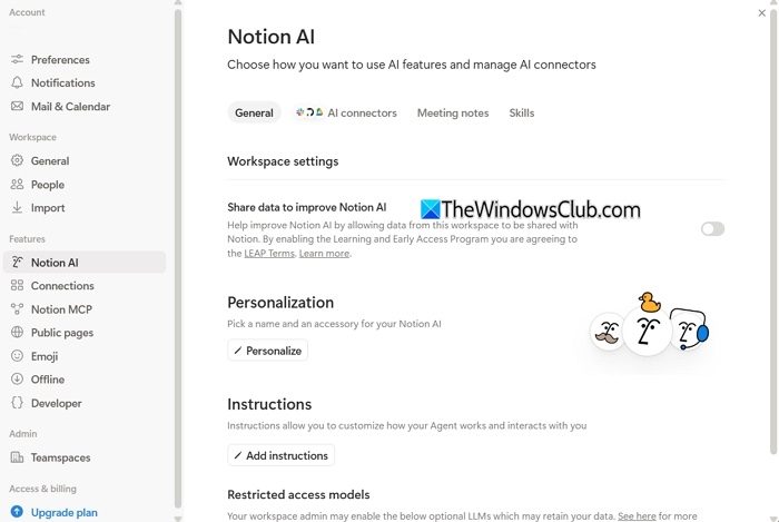 Notiona AI settings