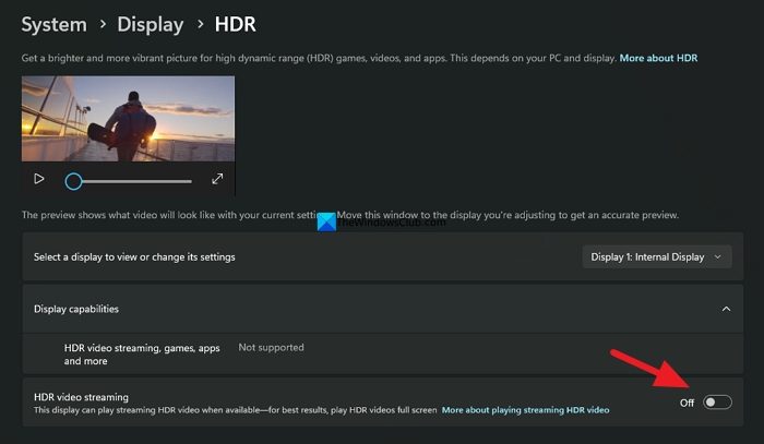 turn off HDR video streaming on Windows 11