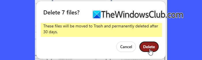 Delete files confirmation popup Delete files confirmation popup