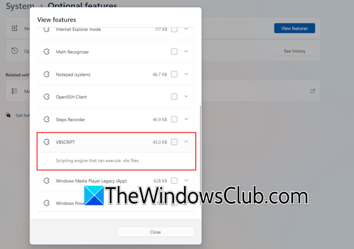 VBScript Windows Optional Feature VBScript Windows Optional Feature