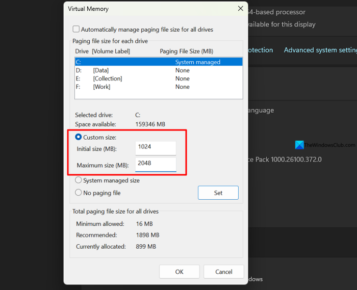 custom page file size