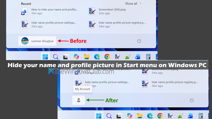 hide account name profile picture start menu