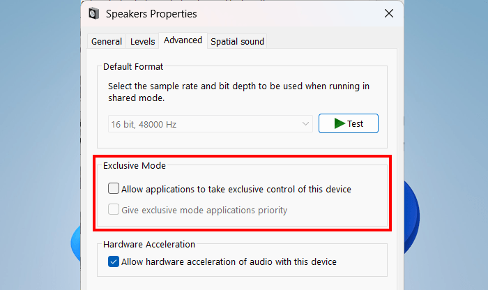 Allow applications take exclusive control of device Allow applications take exclusive control of device