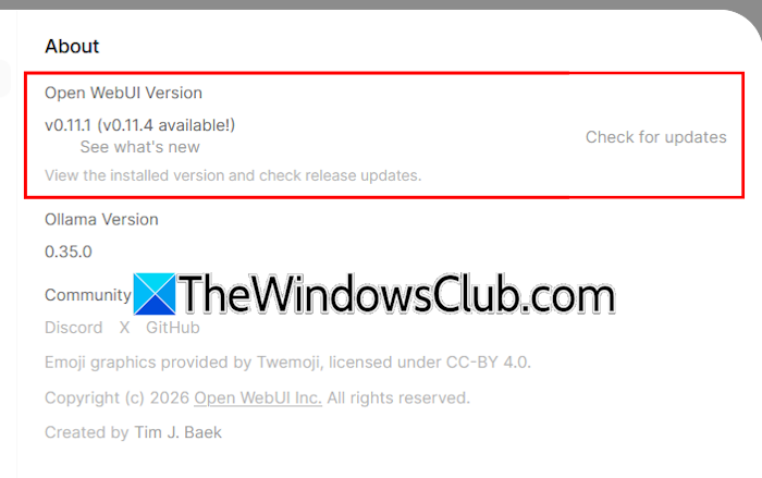 Check for udpate Open WebUI Check for udpate Open WebUI