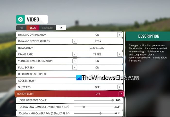 Motion Blur in-game setting Motion Blur in-game setting